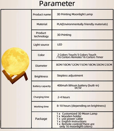 Customized 3D Printing Moon Lamp Personalized Photo Text Night Light USB Rechargeable Gift for Birthday Mother's Valentine Day