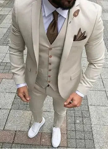 Men Suits With Pant 2024 Terno Masculino Slim Fit Smoking Formal Tuxedo Beige 3 Pieces Wedding Suits For Men Groomsman Suits