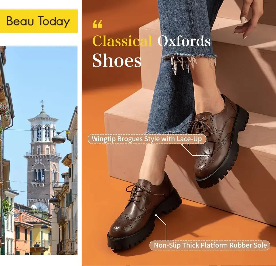 BeauToday Brogue Shoes Women Genuine Cow Leather Wintip Round Toe Cross-Tied Thick Sole Ladies Derby Shoes Handmade 21839