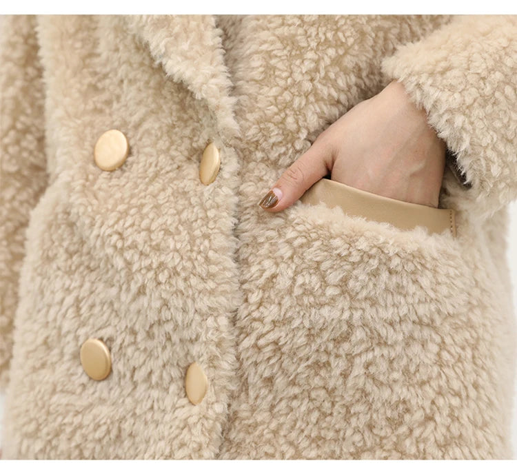 MENINA BONITA 2025 New  Luxury Winter Jacket Women's Coat Double-breasted Woven Real Natural Wool Fur Lapel Warm Loose Outerwear