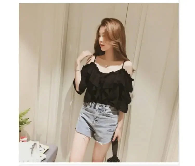 Ruffle Youth Elegant Blouses Tops Women Fashion Low Cut Blouse Summer Chiffon Shirt Pretty Bebeautiful Clothes