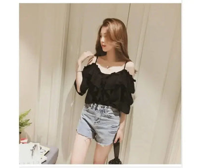Ruffle Youth Elegant Blouses Tops Women Fashion Low Cut Blouse Summer Chiffon Shirt Pretty Bebeautiful Clothes