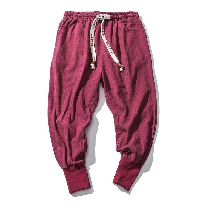 Cotton Linen Harem Pants Men Solid Elastic Waist Streetwear Joggers New Baggy Drop-crotch Pants Casual Trousers Men