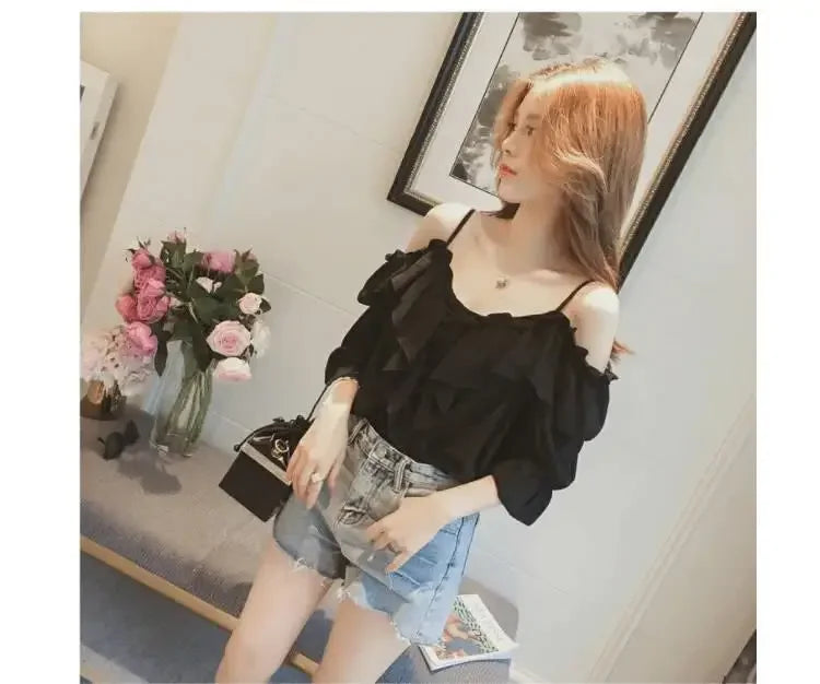 Ruffle Youth Elegant Blouses Tops Women Fashion Low Cut Blouse Summer Chiffon Shirt Pretty Bebeautiful Clothes