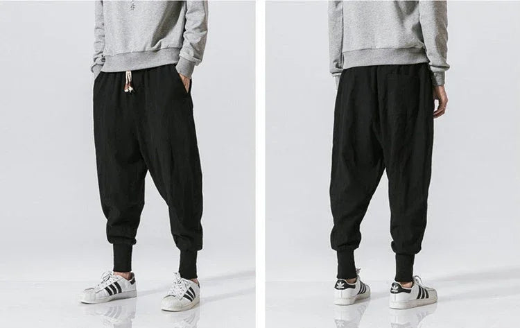 Cotton Linen Harem Pants Men Solid Elastic Waist Streetwear Joggers New Baggy Drop-crotch Pants Casual Trousers Men