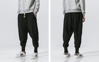 Cotton Linen Harem Pants Men Solid Elastic Waist Streetwear Joggers New Baggy Drop-crotch Pants Casual Trousers Men