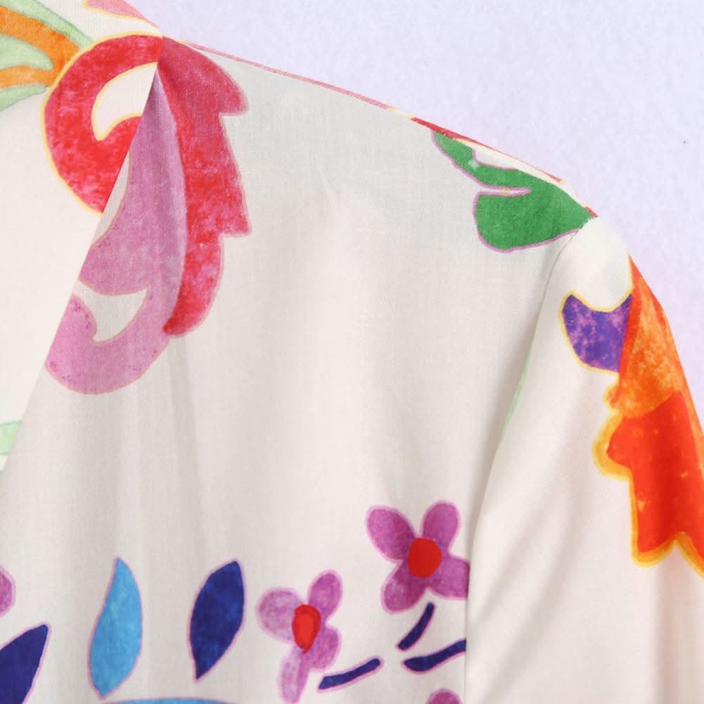 2021 Women Summer Dresses Floral Print Turn-down Collar A-Line 3/4 Sleeve Large Hem Single-breasted Mid-Calf Shirt Midi Dress St