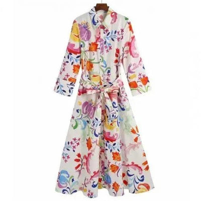 2021 Women Summer Dresses Floral Print Turn-down Collar A-Line 3/4 Sleeve Large Hem Single-breasted Mid-Calf Shirt Midi Dress St