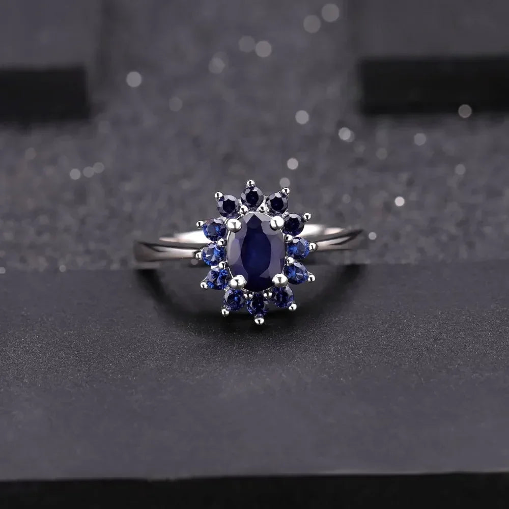 GEM'S BALLET Princess Diana Natural Blue Sapphire Pendant Earrings Ring Set 925 Sterling Silver Design Jewelry Set for Women