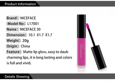 NICEFACE Matte Liquid Lipstick Waterproof Long Lasting Lip Gloss Tint Sexy Red Nude Purple Metallic Lipsticks Makeup Cosmetics