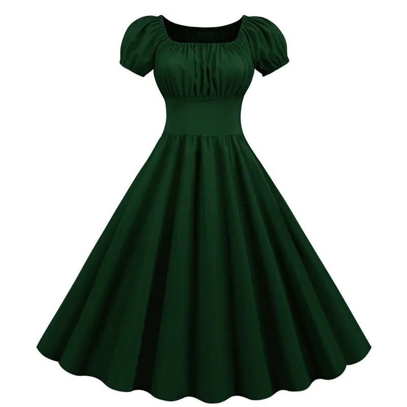 Women Vintage Dress Robe Elegant Party  Casual Office Midi Dress Femme Summer Puff Sleeve Square Collar Solid Red