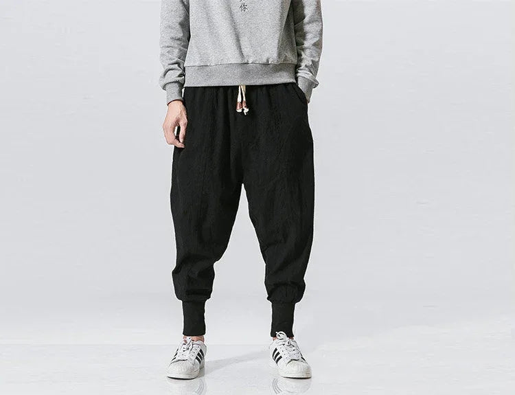 Cotton Linen Harem Pants Men Solid Elastic Waist Streetwear Joggers New Baggy Drop-crotch Pants Casual Trousers Men