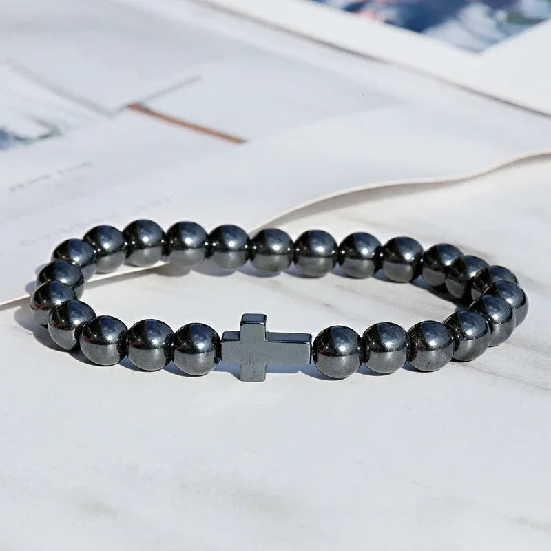 New Men Beads Cross Hematite Bracelets Wholesale Bileklik Meditation Bead Bracelet Women Yoga Jewelry Homme