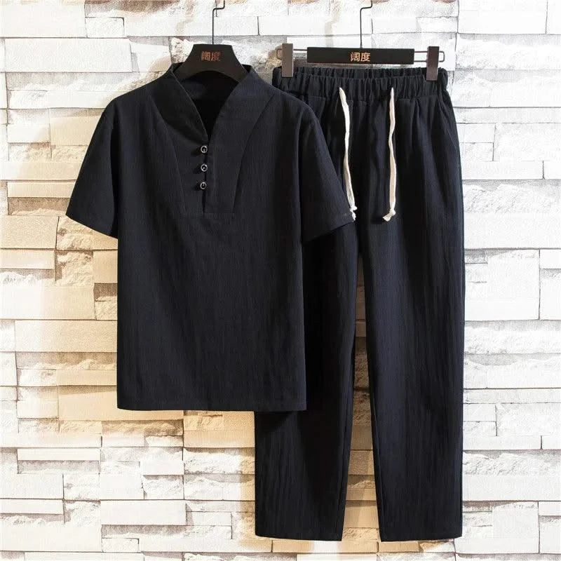 (Shirt + trousers) 2025 summer men shirt Man Cotton and linen shirts Short sleeve men's casual shirts men A set of clothes M-5XL - Elanique