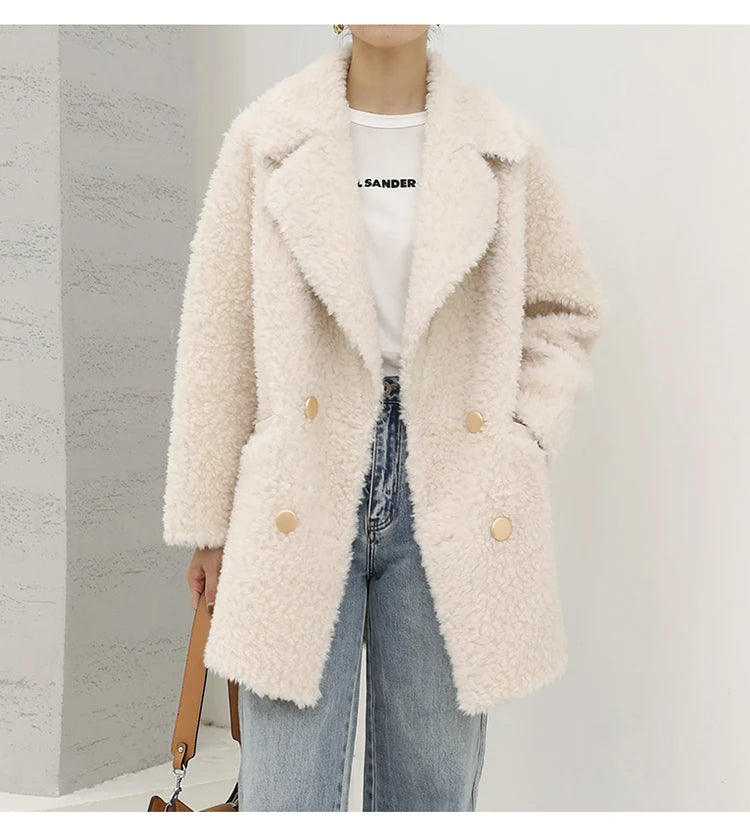 MENINA BONITA 2025 New  Luxury Winter Jacket Women's Coat Double-breasted Woven Real Natural Wool Fur Lapel Warm Loose Outerwear