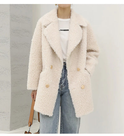 MENINA BONITA 2025 New  Luxury Winter Jacket Women's Coat Double-breasted Woven Real Natural Wool Fur Lapel Warm Loose Outerwear