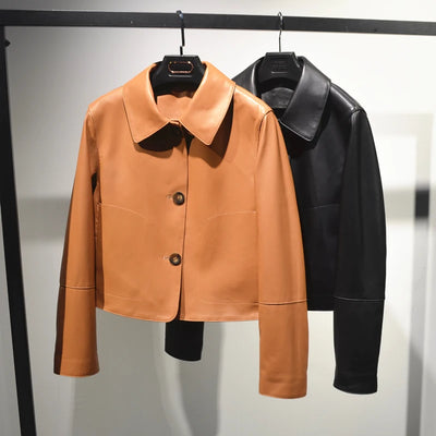 Women's Sheepskin Short Tops Harajuku Fashion Jassen Dames Slim Jaqueta De Couro Legítimo Square Collar Trendy Streetwear Coat