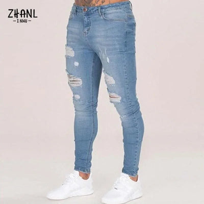Fashion White Elastic Skinny Pants Man Ripped Jeans Male Streetwear Vintage Wash Solid Denim Trouser Mens Casual Slim fit Pants