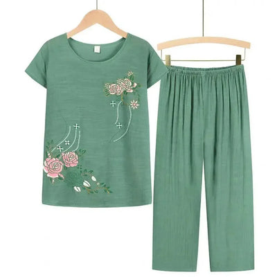 Summer Women Lounge Wear Set Short Sleeve Floral Print T-shirt Trousers Pants Loose Two Pieces Set Outfit Middle-aged Women Suit