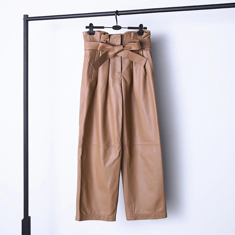 Stylish Genuine Leather Pants Women Sheepskin Bow Tie Lace High Waist Trousers Mujer Khaki/Green Straight Wide Leg Pantalon