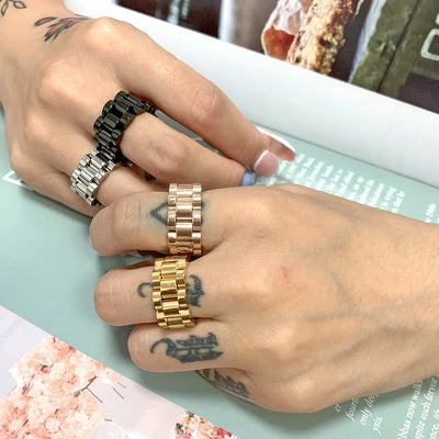 Luxury Never Fade 18K Gold Plated Bold Wide Thick Ring for Women Chunky Link Chain Stainless Steel Strap Finger Rings Jewelry