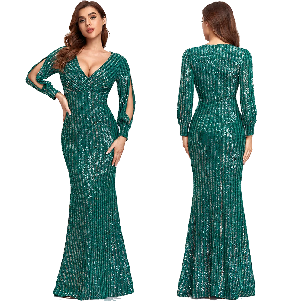 Sexy V-neck Mermaid Evening Dress Long Formal Prom Party Gown Full Sequins long Sleeve Galadress Vestidos Women Dresses 2021