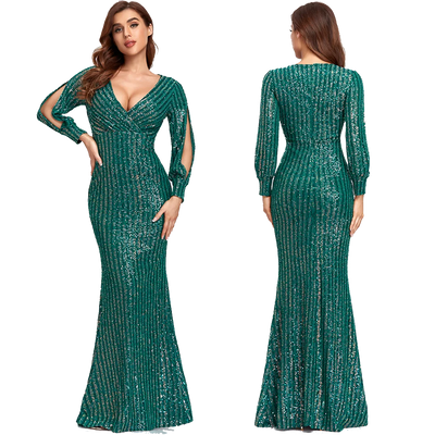 Sexy V-neck Mermaid Evening Dress Long Formal Prom Party Gown Full Sequins long Sleeve Galadress Vestidos Women Dresses 2021