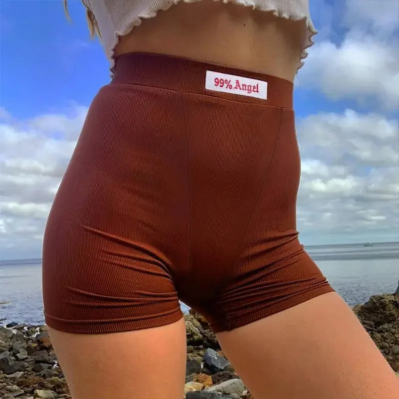 Women's shorts Summer Brown Letter Embroidery Biker Shorts Women Ribber Knit Black High Waist Casual Streetwear Shorts
