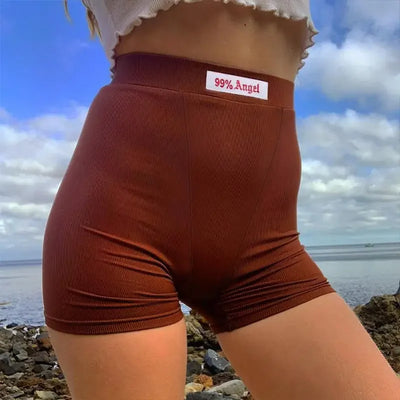 Women's shorts Summer Brown Letter Embroidery Biker Shorts Women Ribber Knit Black High Waist Casual Streetwear Shorts