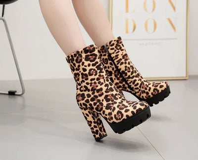 EilyKen Handmade Brown Square Chunky High Heel Booties Leopard Print Platform Side Zippers Shoes Designer Woman Ankle Boots