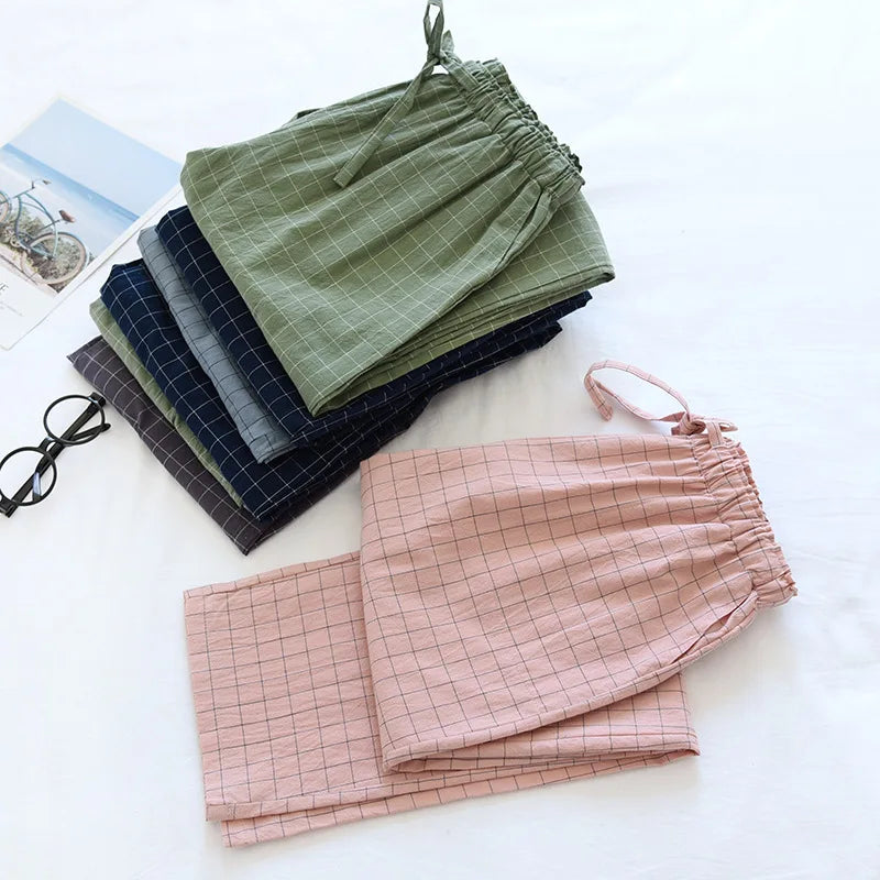 couple washed cotton trousers thin men and women home pants Elastic Waist Sleep Bottoms Plaid lounge pants home sleepwear 2021