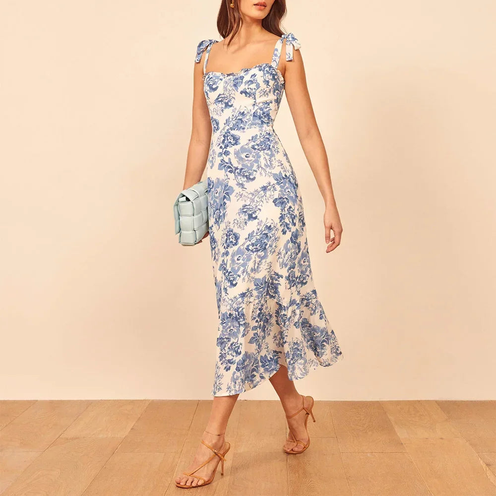 Summer Dresses For Women 2021 Elegant Ruffle Hem Floral Chiffon Midi Dress Frill Edge Sweetheart Neck Strap Tie Sexy Slip Dress