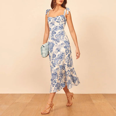 Summer Dresses For Women 2021 Elegant Ruffle Hem Floral Chiffon Midi Dress Frill Edge Sweetheart Neck Strap Tie Sexy Slip Dress