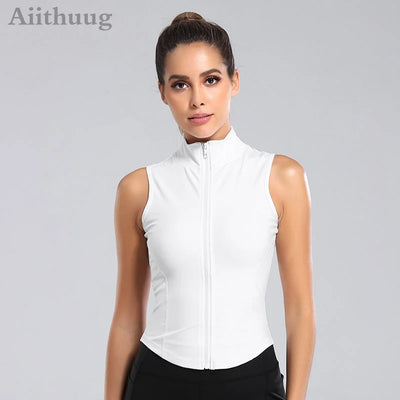 Aiithuug Athletic Zip Up Sweat Vest Jacket Sleeveless Running Yoga Tops High Neck Shirts Sports Top Fitness Women Workout Tops