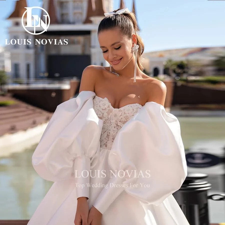 A-line Sexy Exquisite Satin Bridal Gown Beaded Sweetheart Puff Sleeve Wedding Dresses For Women