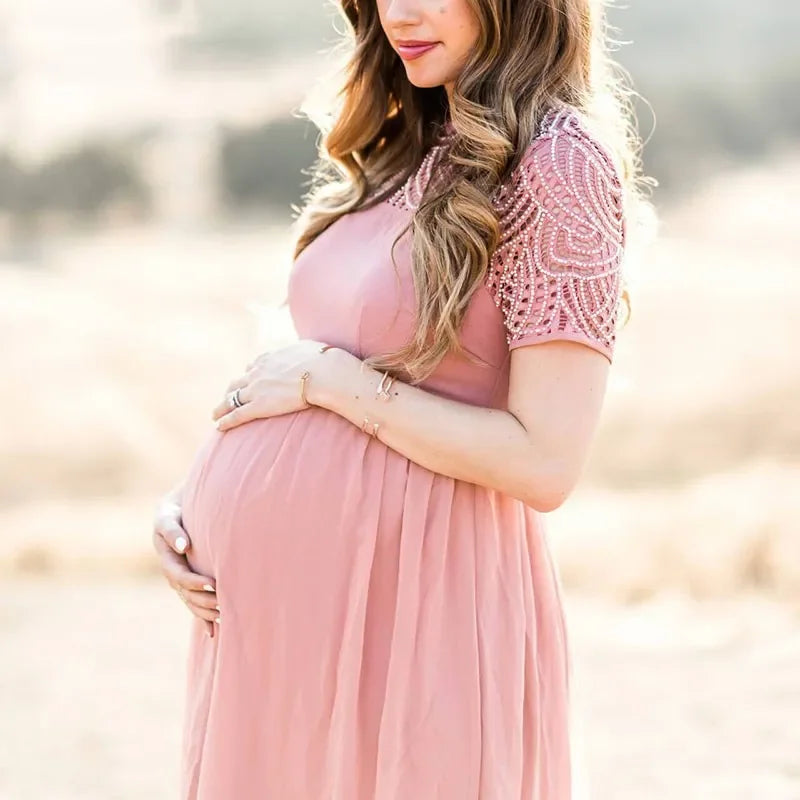 Short Sleeve Lace Chiffon Maternity Dresses for Photoshoot Pregnant Women Maxi Gown Dress Pregnancy Baby Shower Photography Prop