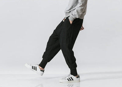 Cotton Linen Harem Pants Men Solid Elastic Waist Streetwear Joggers New Baggy Drop-crotch Pants Casual Trousers Men