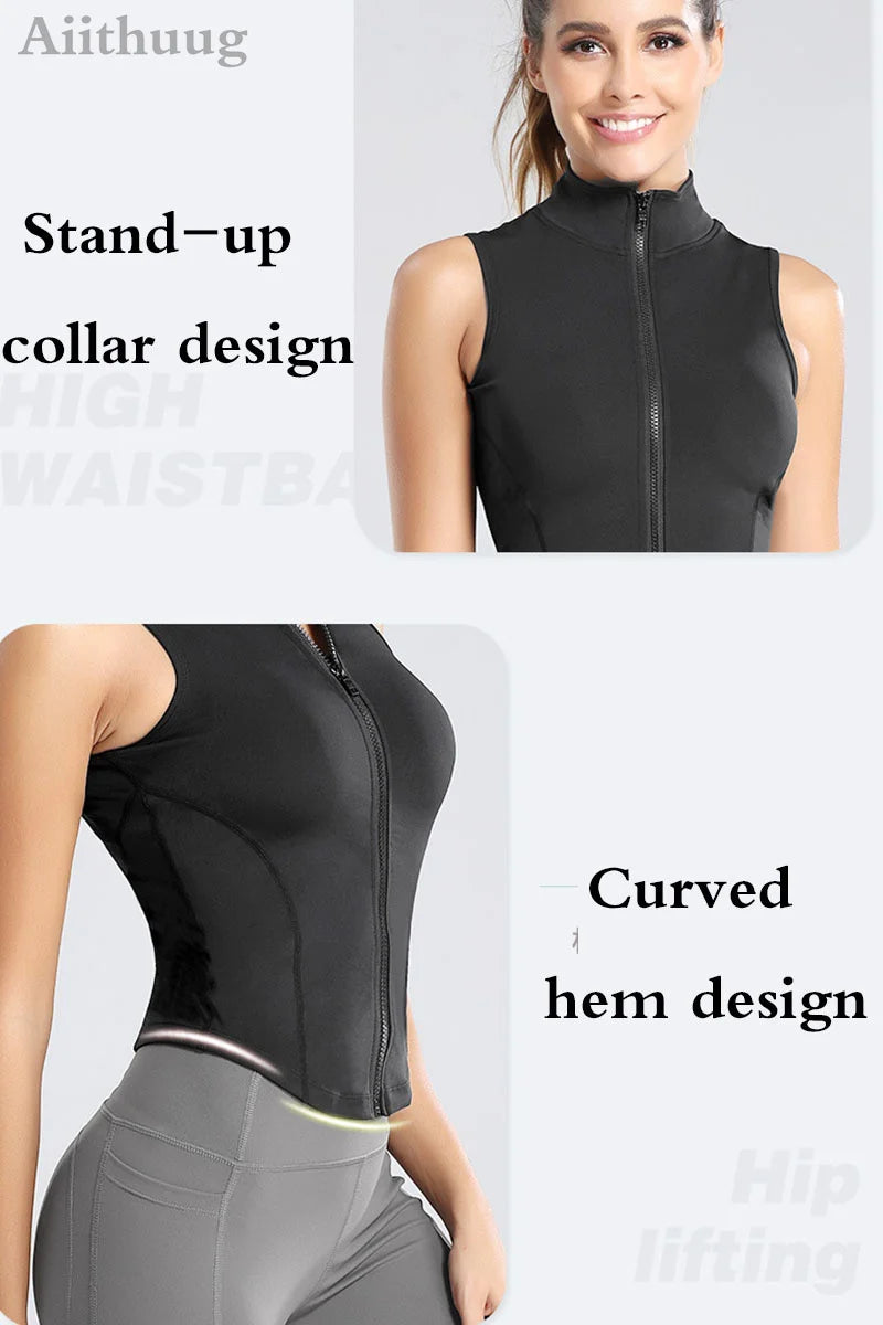 Aiithuug Athletic Zip Up Sweat Vest Jacket Sleeveless Running Yoga Tops High Neck Shirts Sports Top Fitness Women Workout Tops