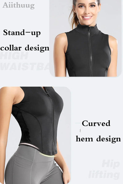 Aiithuug Athletic Zip Up Sweat Vest Jacket Sleeveless Running Yoga Tops High Neck Shirts Sports Top Fitness Women Workout Tops