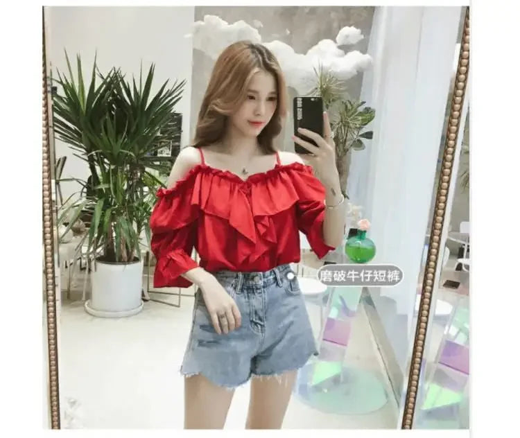 Ruffle Youth Elegant Blouses Tops Women Fashion Low Cut Blouse Summer Chiffon Shirt Pretty Bebeautiful Clothes