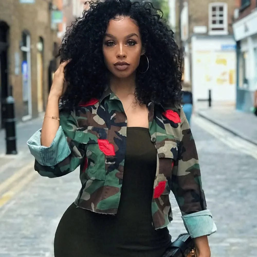 Camouflage Bomber Jacket Women Fashion Single-breasted Long Sleeve