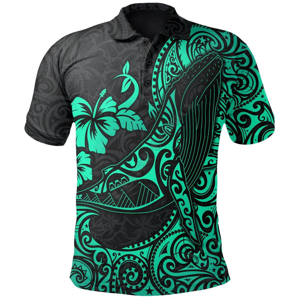 Polynesian Hawaii Polo Shirts Humpback Whale with Tropical Flowers 3D Printed Polo Shirt Men Women Short Sleeve Summer T-shirt