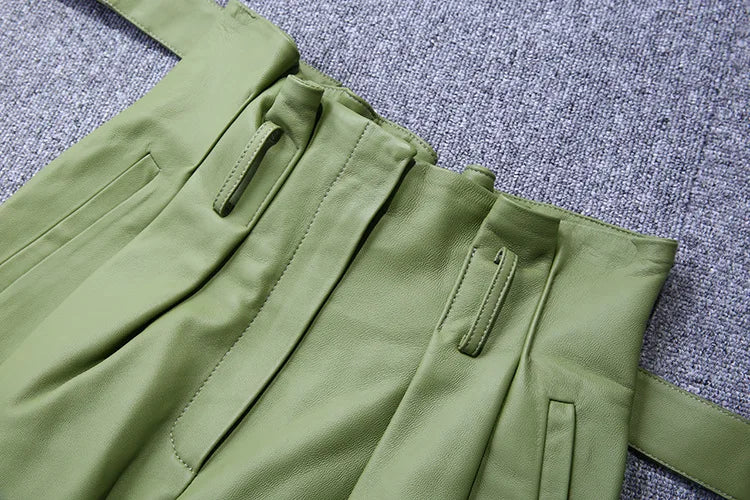 Stylish Genuine Leather Pants Women Sheepskin Bow Tie Lace High Waist Trousers Mujer Khaki/Green Straight Wide Leg Pantalon