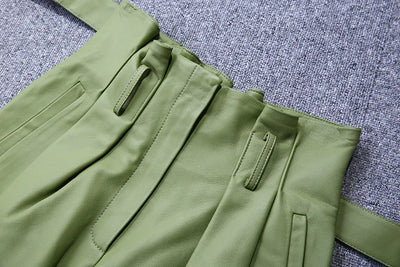 Stylish Genuine Leather Pants Women Sheepskin Bow Tie Lace High Waist Trousers Mujer Khaki/Green Straight Wide Leg Pantalon