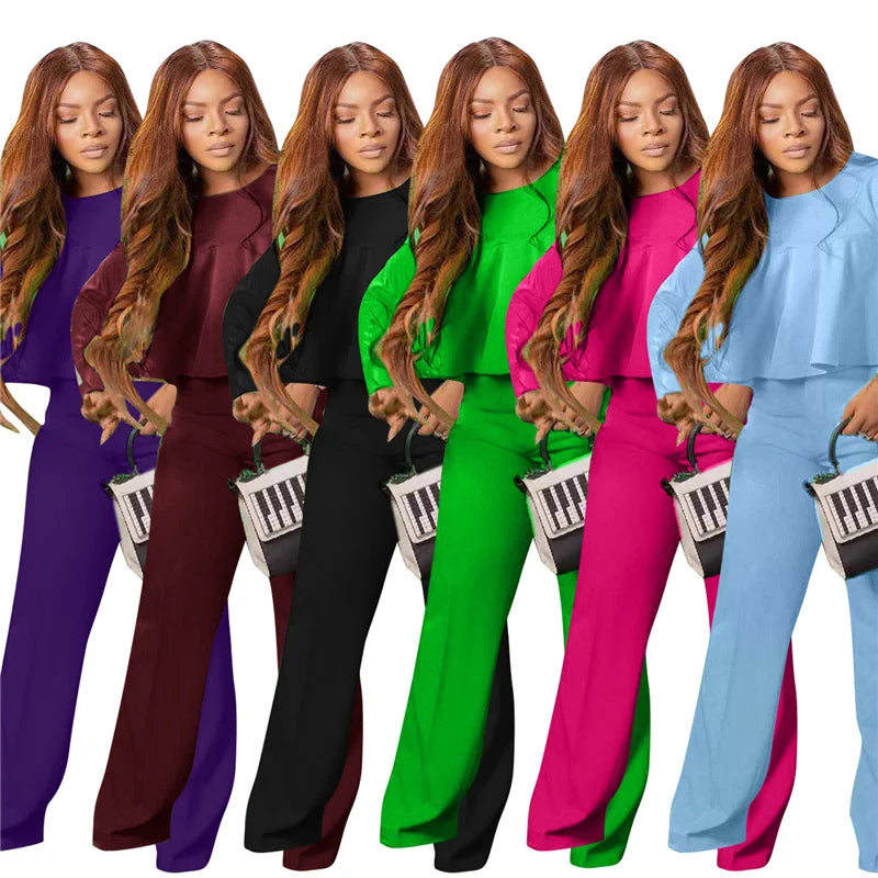 Elegant Work Wear Two Piece Set Fall Clothes for Women Ruffles Crop Top and Wide Leg Pants Suits Matching Sets Sexy Club Outfits