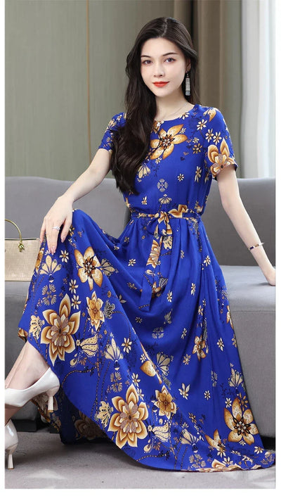 New Fashion 2024 Print Summer Dresses For Women Short Sleeve O-Neck Elegant Summer Dress Woman Clothing