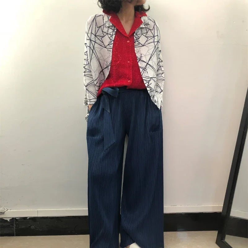 Miyake Pleated Designer Pleated Blue Belt Pants Casual Long Women Trousers