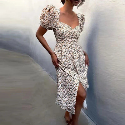 Summer Midi Dress For Women 2025 New Fashion Streetwear Square Neck Puff Sleeve Print Dress Woman Casual Split Dresses Sundress