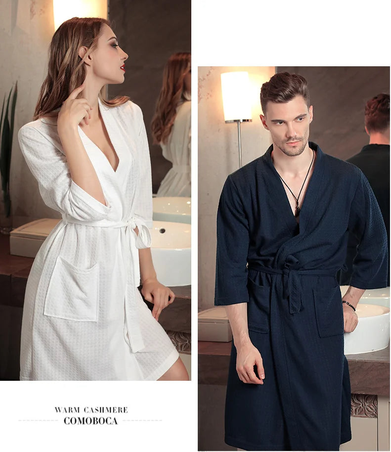Waffle Couple Bathrobe Short Male Female Kimono Korean Style Nightwear Daily Casual Home Lounge Robe домашняя одежда женская