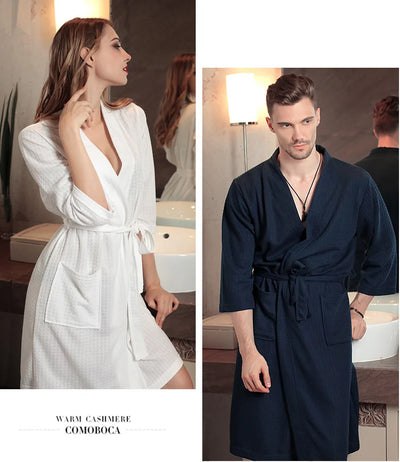 Waffle Couple Bathrobe Short Male Female Kimono Korean Style Nightwear Daily Casual Home Lounge Robe домашняя одежда женская